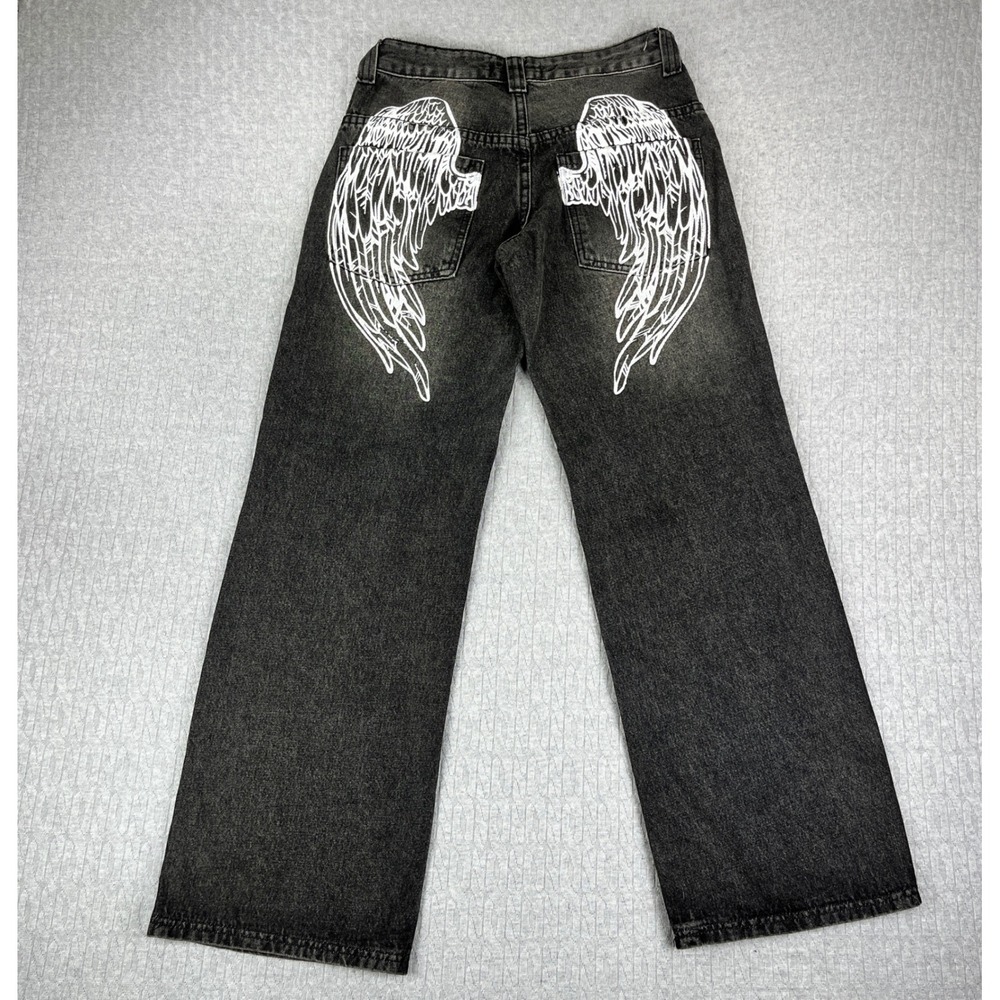 New Disclosure Baggy Wide Leg Angel Wing  Jeans Women 1/25 Black  Streetwear